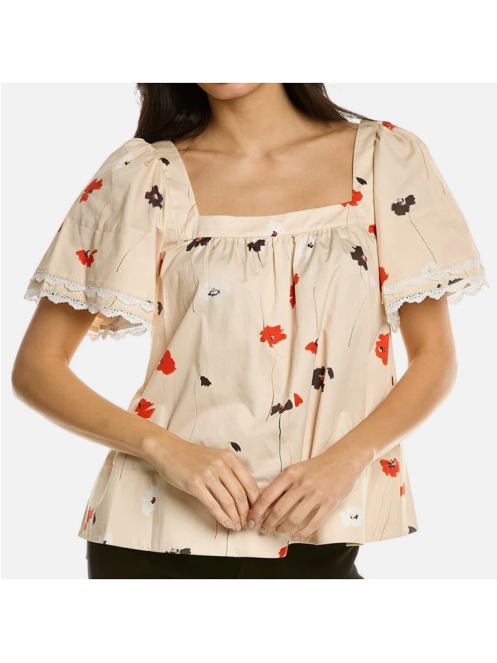 Jason Wu Floral Square Neck Puff Sleeve Cotton Blouse Top Cream Red